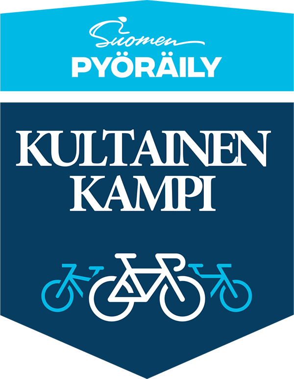 Kultainen Kampi Cup Logo, jossa kolme piirrettyä polkupyörää tummansinisellä taustalla.
